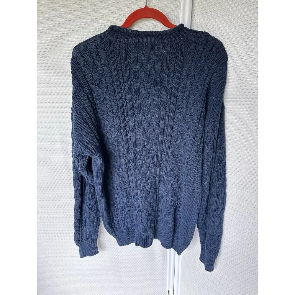 Roll Neck Unisex Ramie Cotton Navy Blue Long Sweater Large